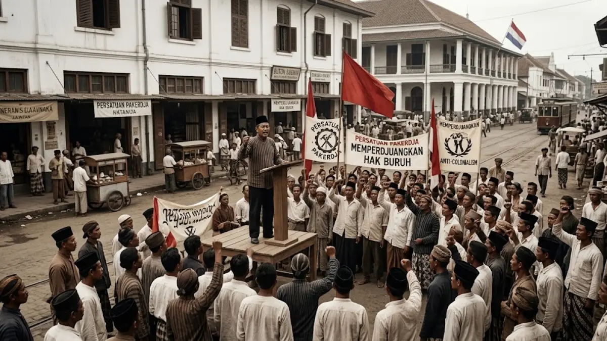 Ilustrasi aktivitas buruh dan organisasi pekerja pada masa awal perkembangan gerakan politik di Hindia Belanda.