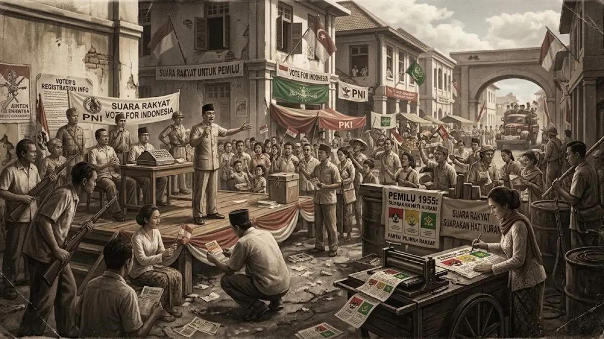 Ilustrasi aktivitas rapat organisasi dan kehidupan politik Indonesia menjelang Pemilu 1955.