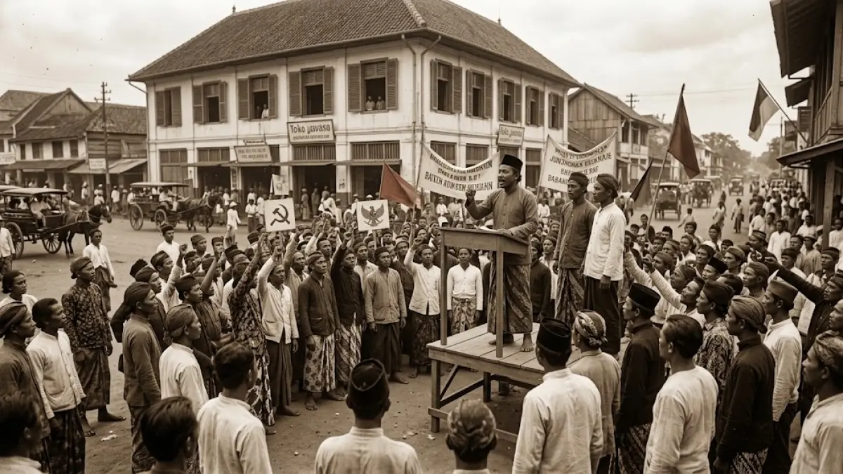 Ilustrasi sejarah gerakan buruh dan perkembangan organisasi politik di Hindia Belanda pada awal abad ke-20.