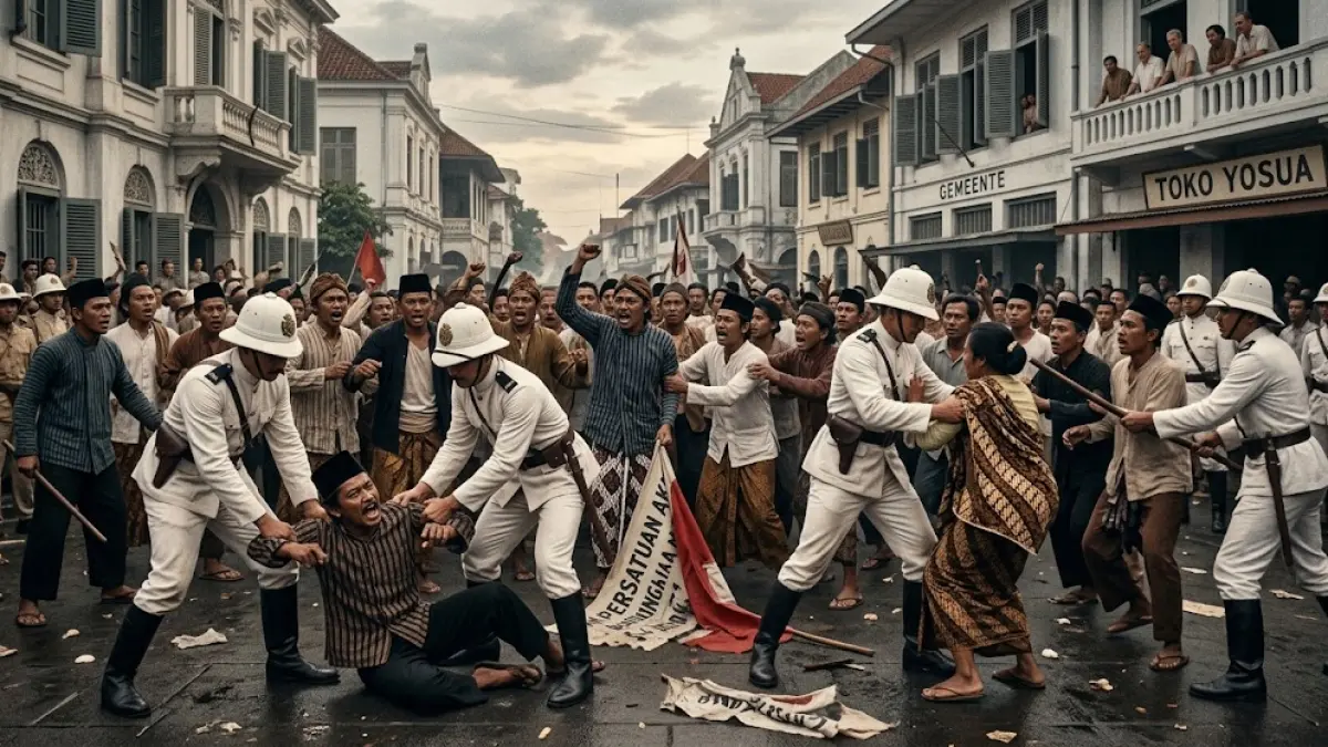 Ilustrasi suasana perlawanan dan penangkapan aktivis politik pada masa pemerintahan kolonial Belanda.