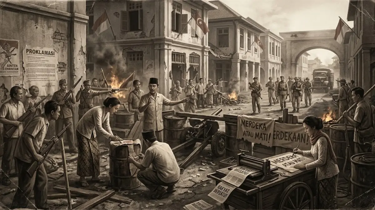 Ilustrasi suasana politik Indonesia pada masa revolusi dan konflik bersenjata setelah Proklamasi Kemerdekaan 1945.