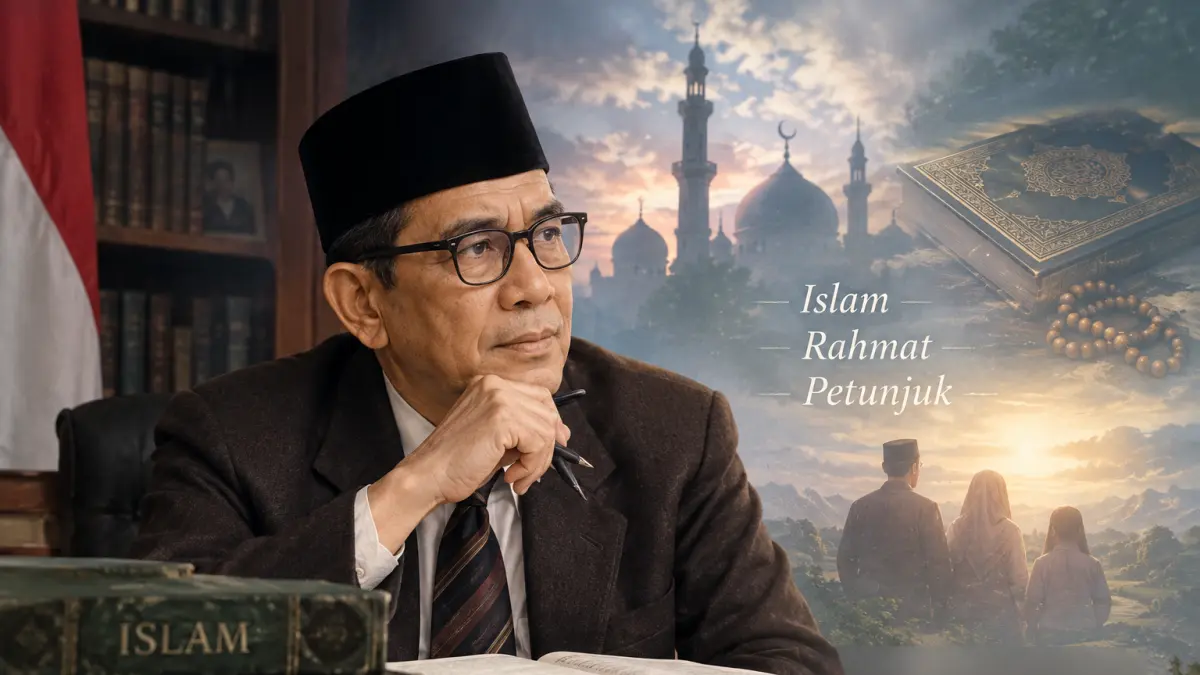 Ilustrasi KH Saifuddin Zuhri dalam suasana refleksi keagamaan yang menggambarkan hubungan Islam, rahmat, dan petunjuk.