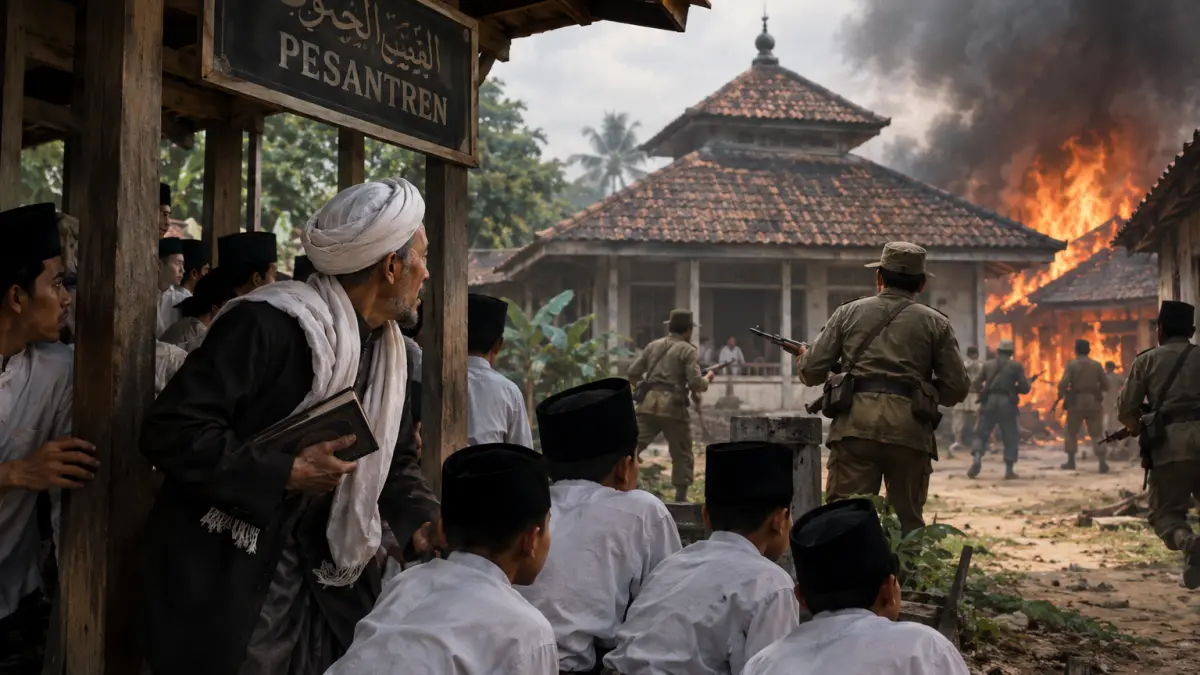 Ilustrasi suasana pesantren pada masa pergolakan Madiun 1948, ketika ulama dan santri menghadapi ancaman kekerasan.