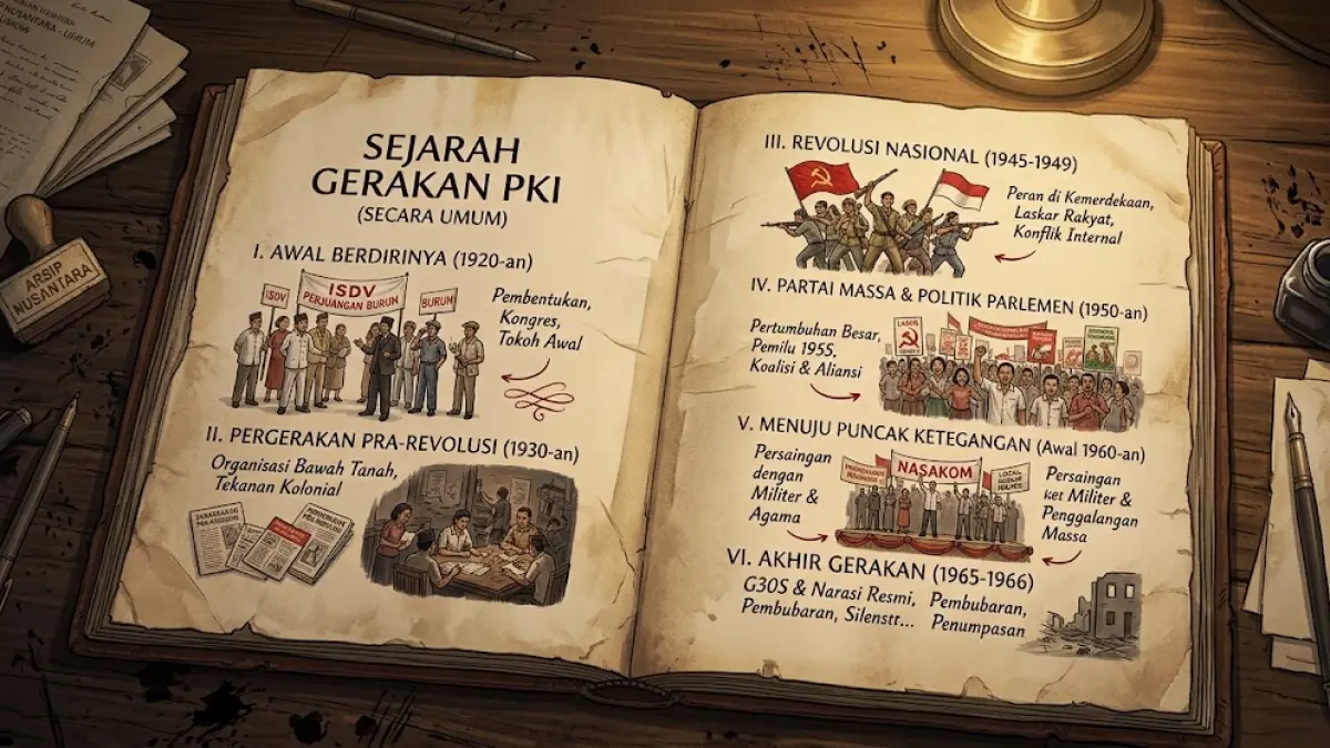 Ilustrasi manuskrip sejarah PKI yang menggambarkan rencana penerbitan buku sebelum pecahnya peristiwa G30S 1965.