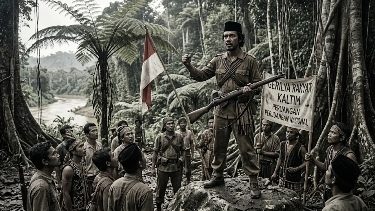 Ilustrasi perjuangan politik dan gerilya Sayid Fahrul Baraqbah di Kalimantan Timur pada masa revolusi Indonesia.