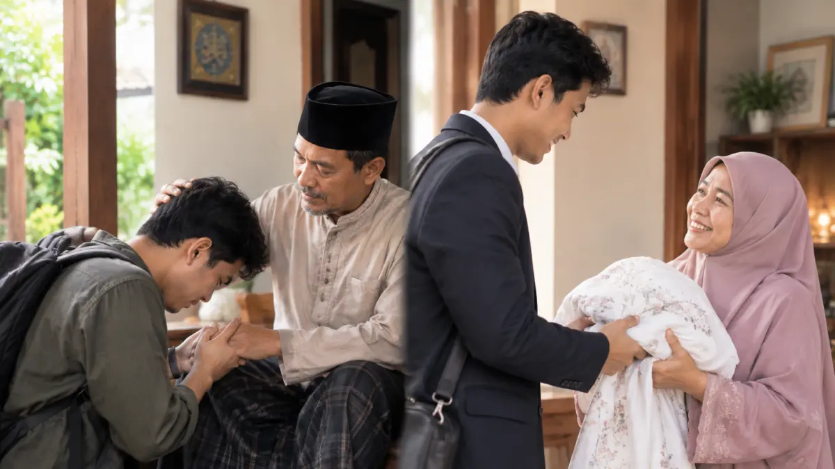 Ilustrasi seorang anak yang meminta doa ayah sebelum merintis karier dan memberikan ibunya mukenah setelah meraih kesuksesan.