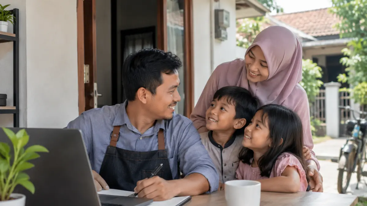 Ilustrasi seorang ayah yang memilih bekerja dekat rumah agar dapat menghabiskan lebih banyak waktu bersama istri dan anak-anak.