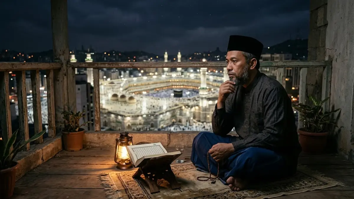 Ilustrasi seorang muslim merenungkan ujian kehidupan dan makna nikmat serta penderitaan dalam pandangan Allah Subhanahuwata’ala.