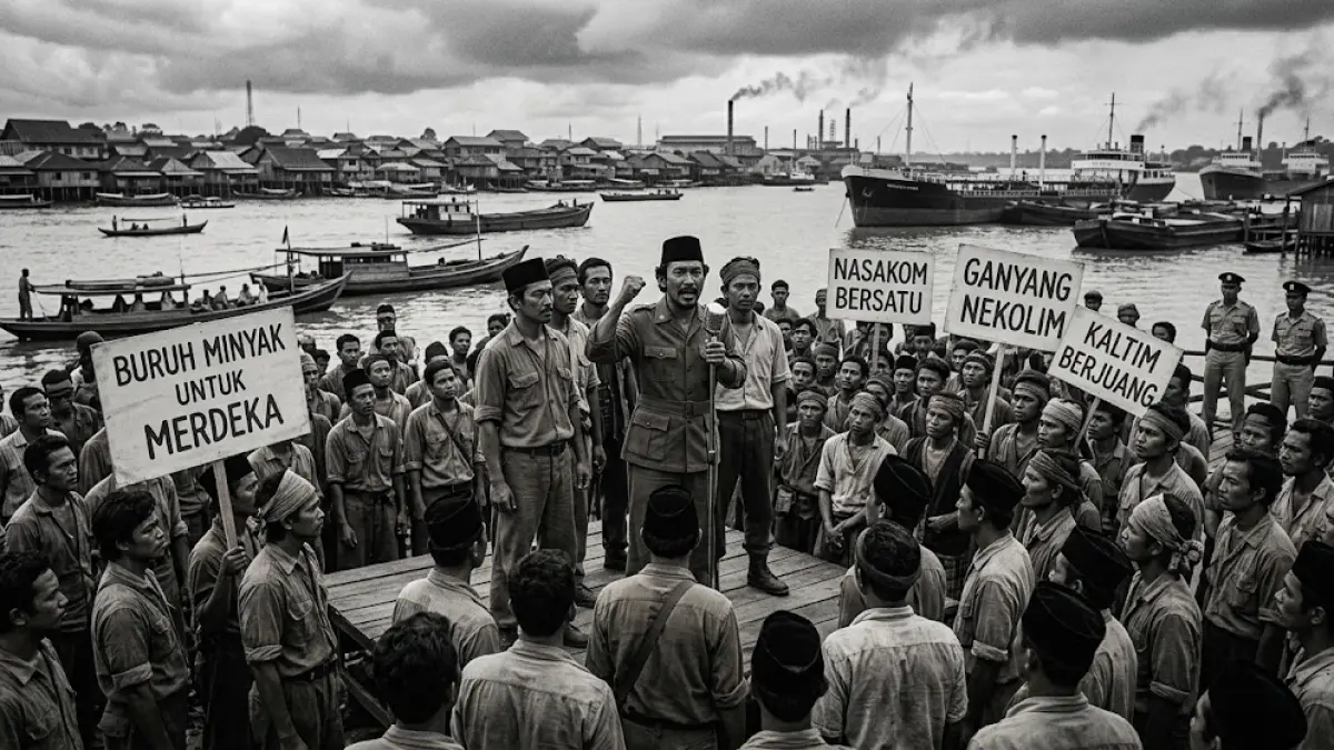 Ilustrasi suasana politik Kalimantan Timur menjelang 1965 dengan sosok tokoh politik dan massa buruh.