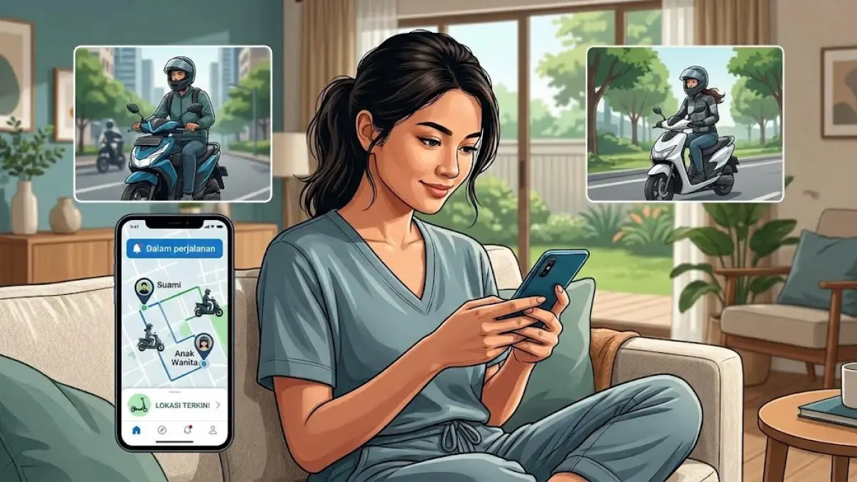 Ilustrasi seorang wanita sedang memantau posisi real-time suami dan anak perempuannya melalui aplikasi di Smatphone.