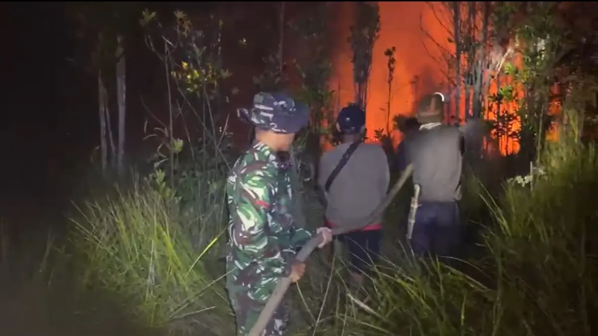 Anggota TNI bersama warga di Kecamatan Silat Hilir saat melakukan pemadaman api.(ISTIMEWA)