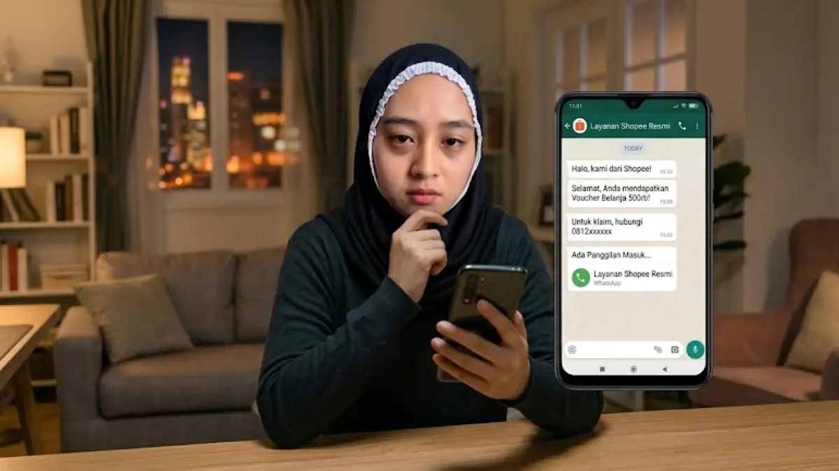 Ilustrasi modus penipuan digital yang mengatasnamakan layanan Shopee melalui pesan dan panggilan WhatsApp.
