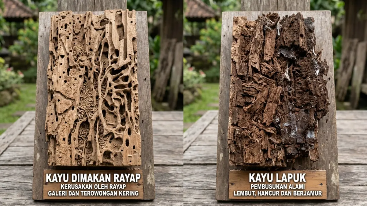 Ilustrasi kayu dimakan rayap vs kayu lapuk (AI).