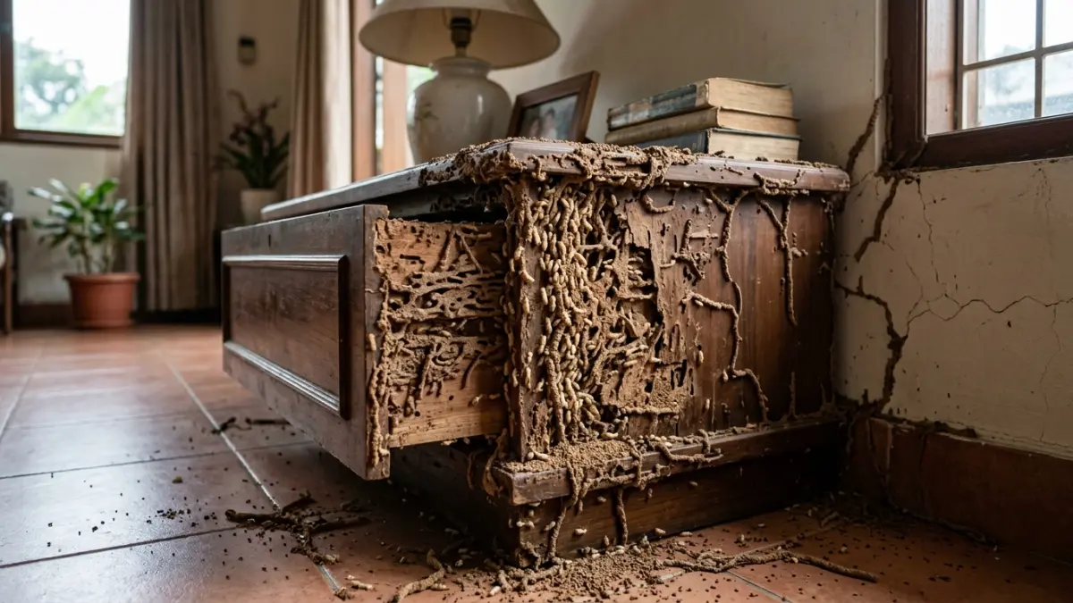 Ilustrasi rayap menyerang furnitur di rumah (AI).