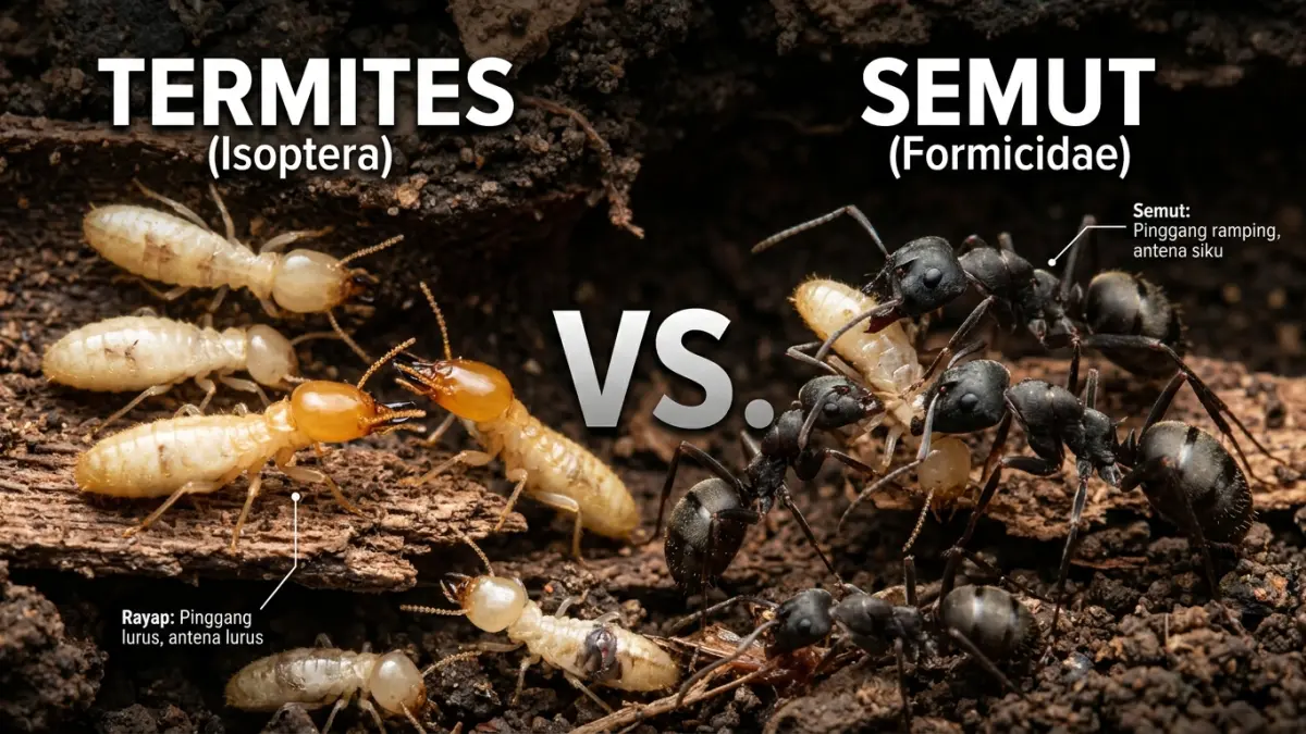 Ilustrasi rayap vs semut tukang kayu. (AI)