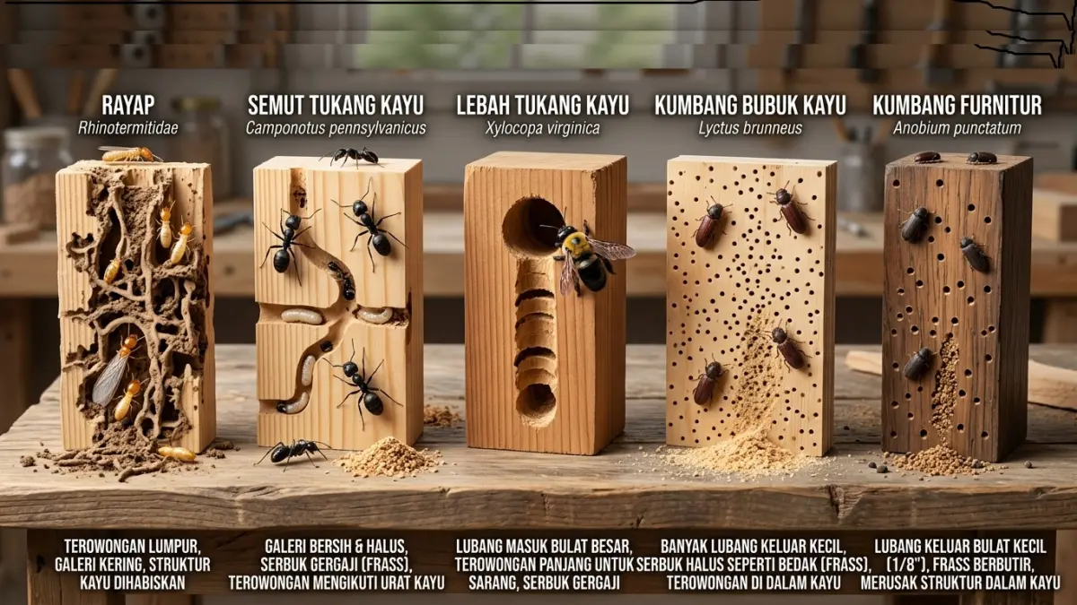 Ilustrasi sejumlah serangga dapat merusak kayu rumah dengan memakannya atau membuat terowongan untuk tempat bersarang. (AI)