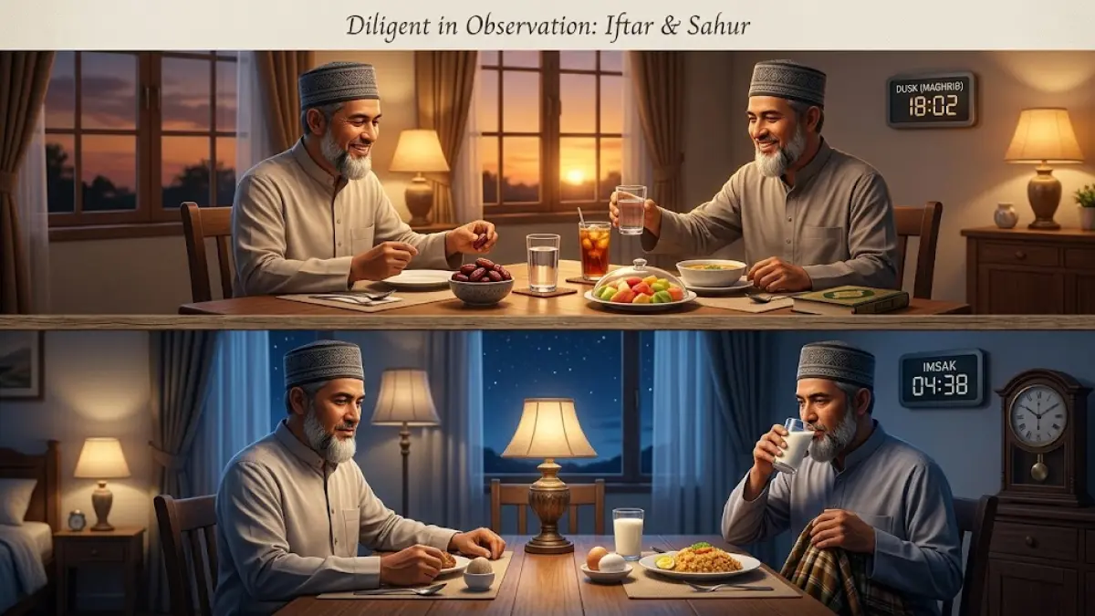 Ilustrasi seorang muslim menjalankan ibadah puasa dengan tetap memperhatikan waktu berbuka dan sahur.