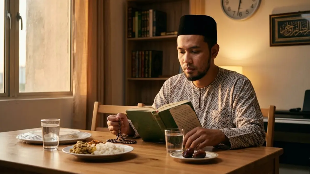 Ilustrasi seorang muslim menunaikan puasa sebagai bagian dari kewajiban qadha Ramadan.