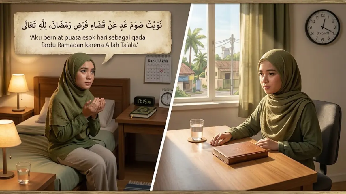 Ilustrasi seorang muslim menunaikan qadha puasa Ramadan dengan niat sejak malam hari.