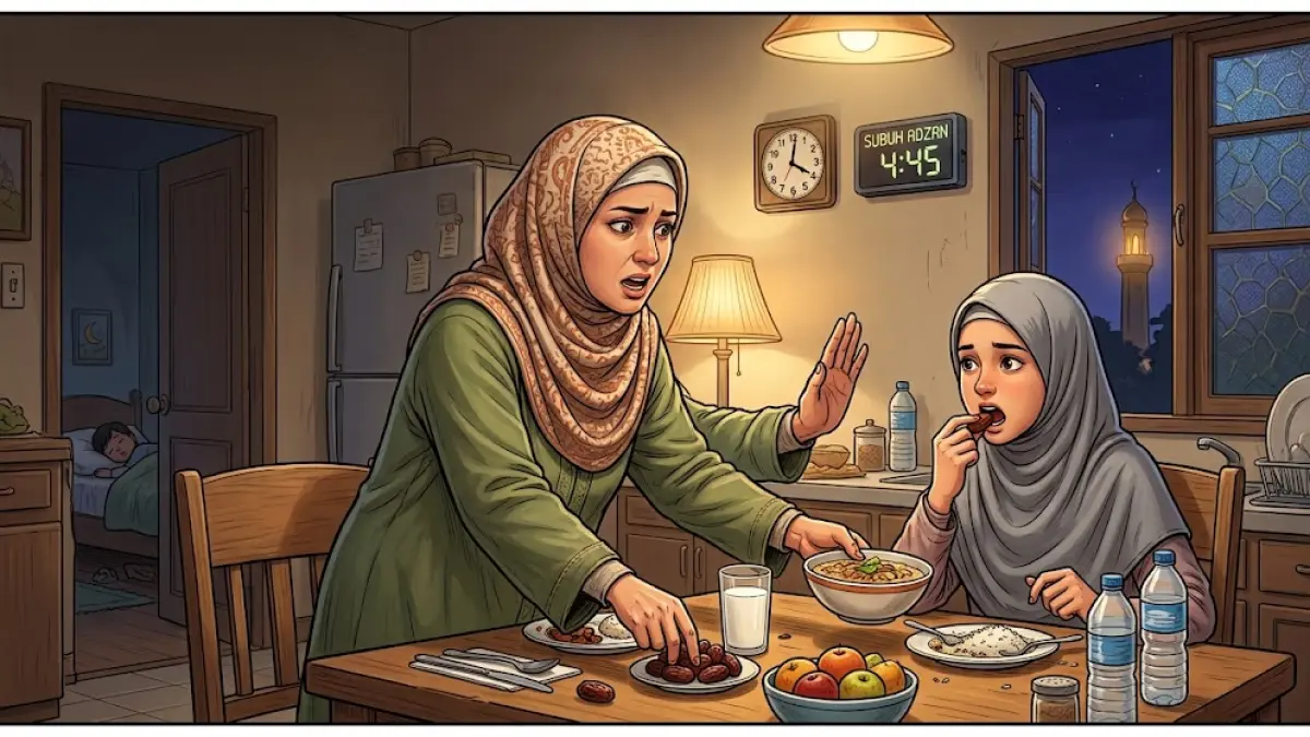 Ilustrasi suasana sahur sebagai batas waktu menyambung puasa yang masih diperbolehkan dalam penjelasan Syaikh Al-Utsaimin.