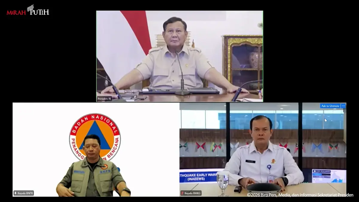 Laporan Kepala BNPB kepada Presiden Prabowo dalam rapat terbatas terkait penanganan bencana secara hybrid melalui konferensi video dari Istana Merdeka, Jakarta, pada Rabu, (23/9/2026). (YOUTUBE)