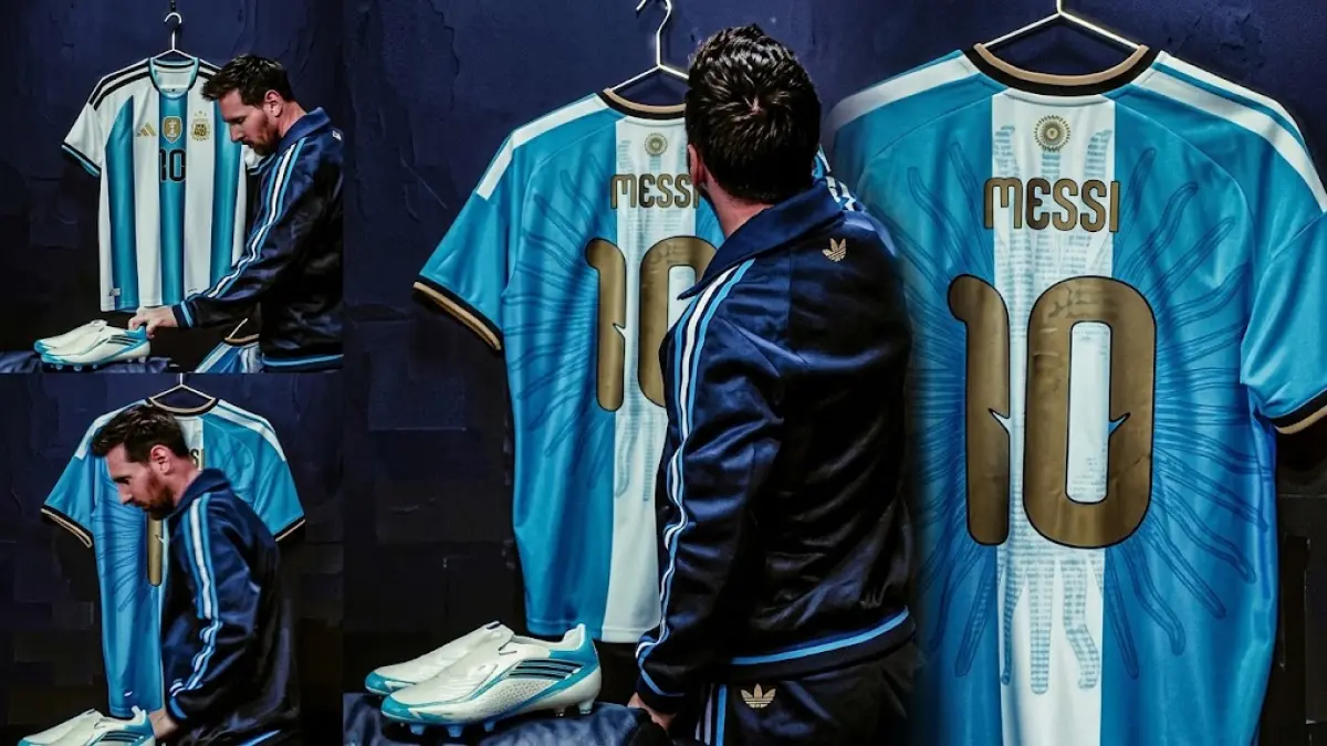 JERSEY PERPISAHAN: Lionel Messi memperlihatkan jersey khusus Argentina dalam potongan video yang diunggah ke akun Instagram pribadinya. Seragam bernomor punggung 10 dengan aksen emas itu disiapkan untuk laga penghormatan melawan Benin di Buenos Aires, 6 Oktober 2026. //INSTAGRAM @LEOMESSI
