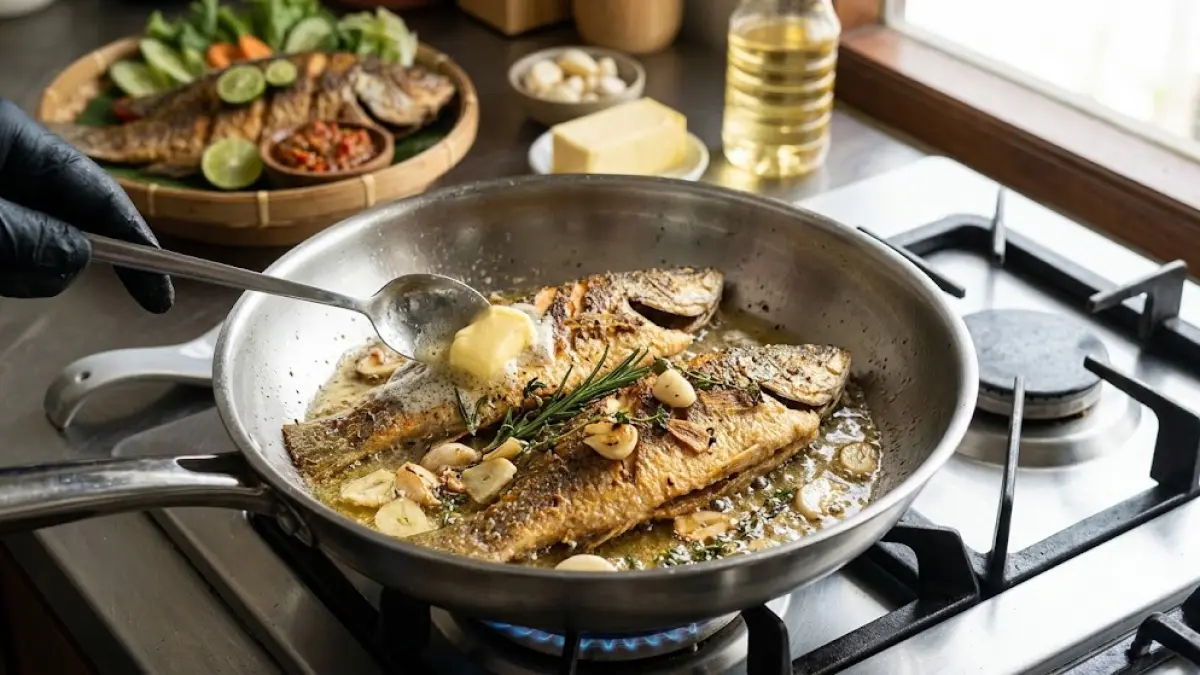 Ilustrasi tips menggoreng ikan goreng dengan tambahan bahan sederhana.