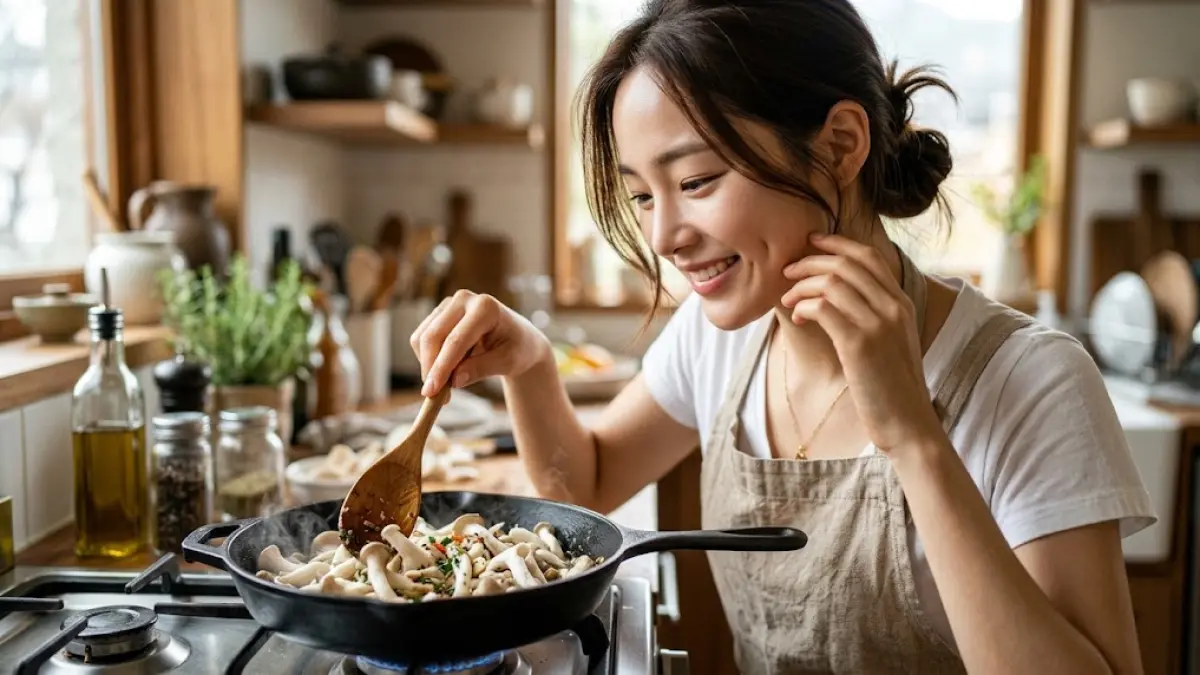 Ilustrasi memasak jamur pangan.