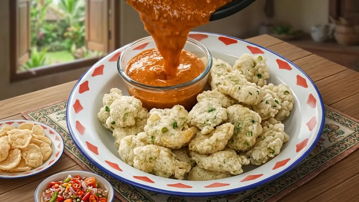 Ilustrasi cireng mini dengan tekstur garing di luar dan kenyal di dalam disajikan bersama saus siraman bercita rasa kacang.