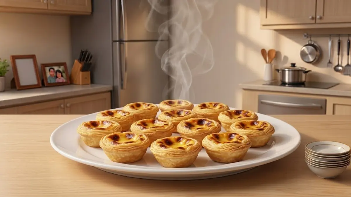 Ilustrasi Portuguese egg tart dengan isian campuran es krim dan telur yang dipanggang hingga lembut dan harum.