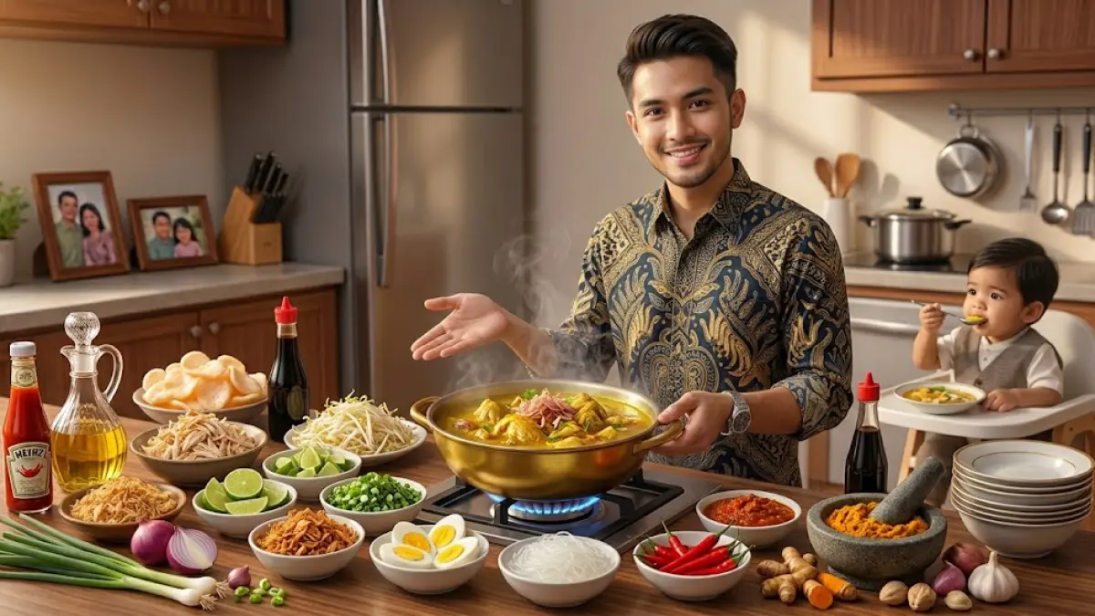 Ilustrasi resep soto ayam dengan kuah gurih dan racikan bumbu rempah yang dapat disajikan sesuai selera.