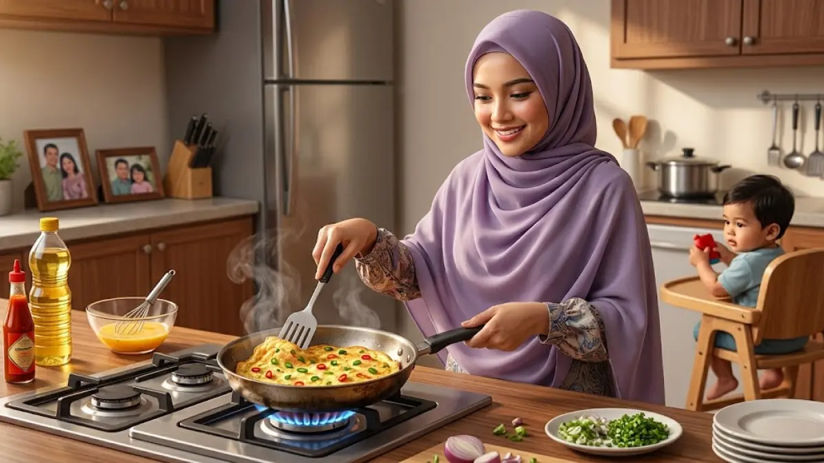 Ilustrasi seorang ibu muda sedang menggoreng telur dadar