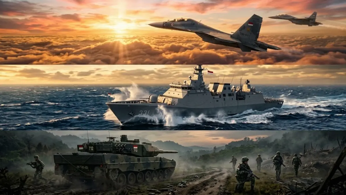 Ilustrasi kekuatan TNI baik matra udara, laut, dan darat.
