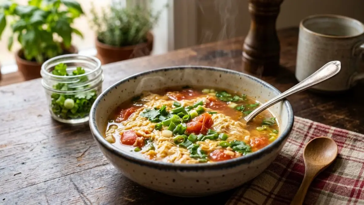 Sup telur dengan tomat dan daun bawang disajikan hangat sebagai menu rumahan yang praktis.