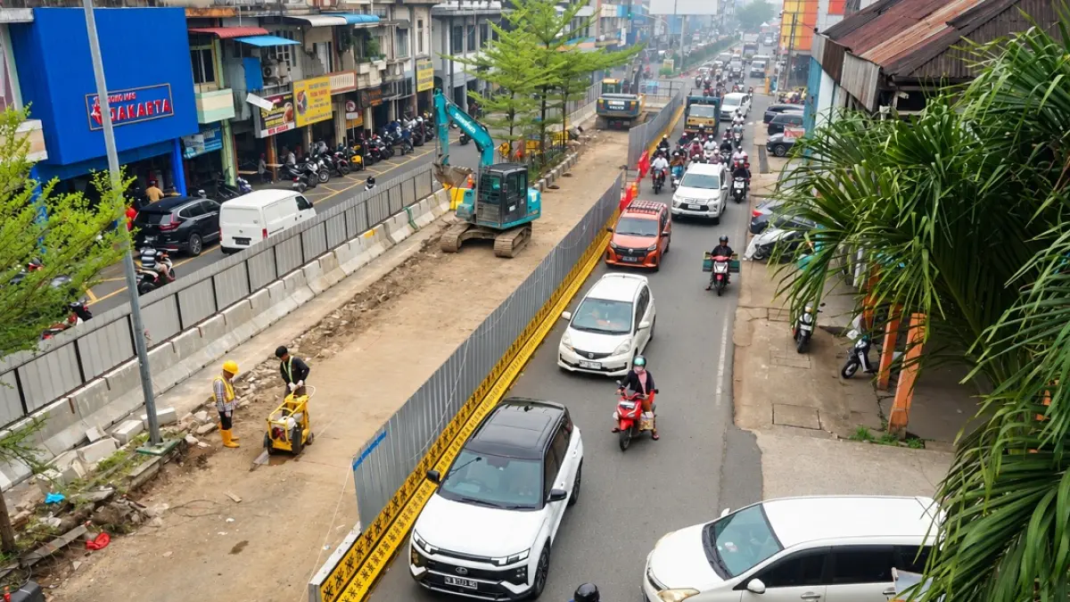 Pengendara melintas di Jalan Tanjungpura diminta untuk lebih bersabar dan berhati-hati. Adanya pengerjaan Sistem pengelolaan Air Limbah Domestik Terpusat (SPALD-T) yang menutup  hampir setengah ruas jalan, membuat kondisi lalu lintas semakin sempit. (HARYADI/PONTIANAKPOST)