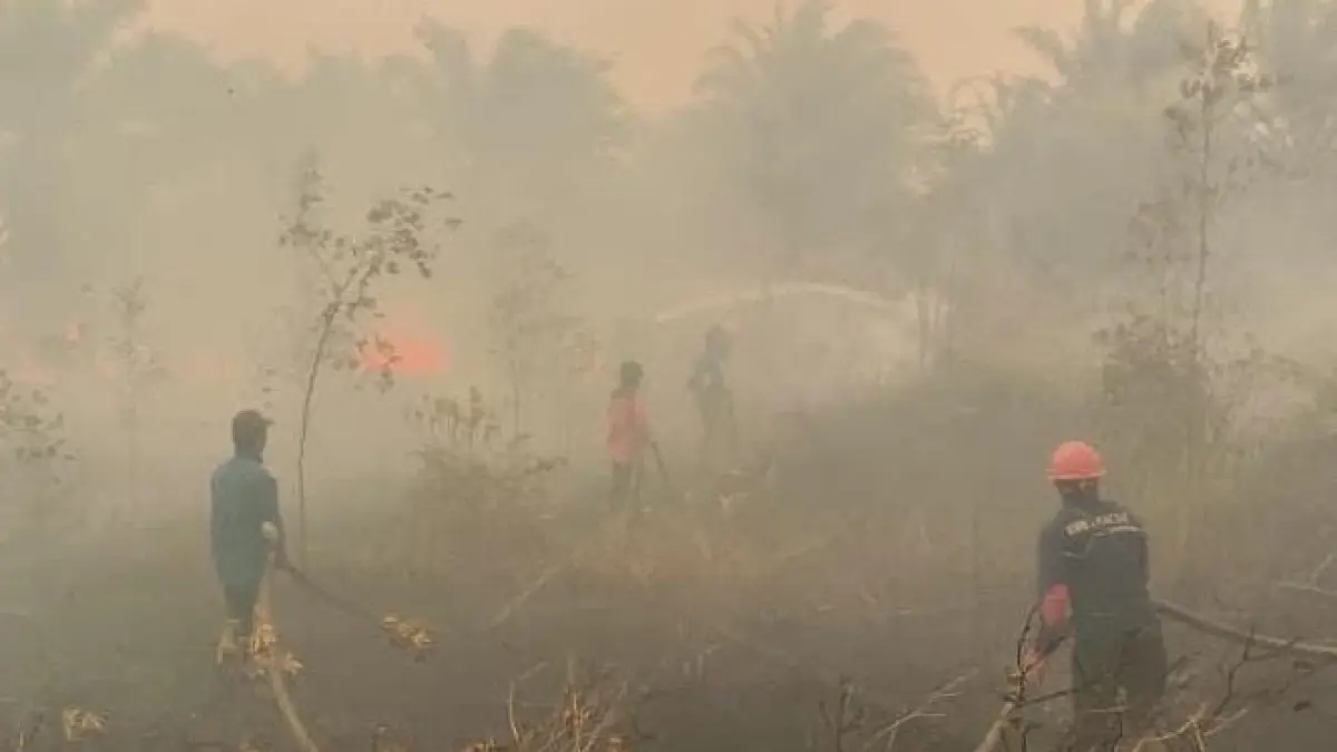Tim Damkar melakukan pemadaman di Desa Air Hitam Besar dan Desa Pembedilan, Kendawangan, Minggu (4/10). (ISTIMEWA)