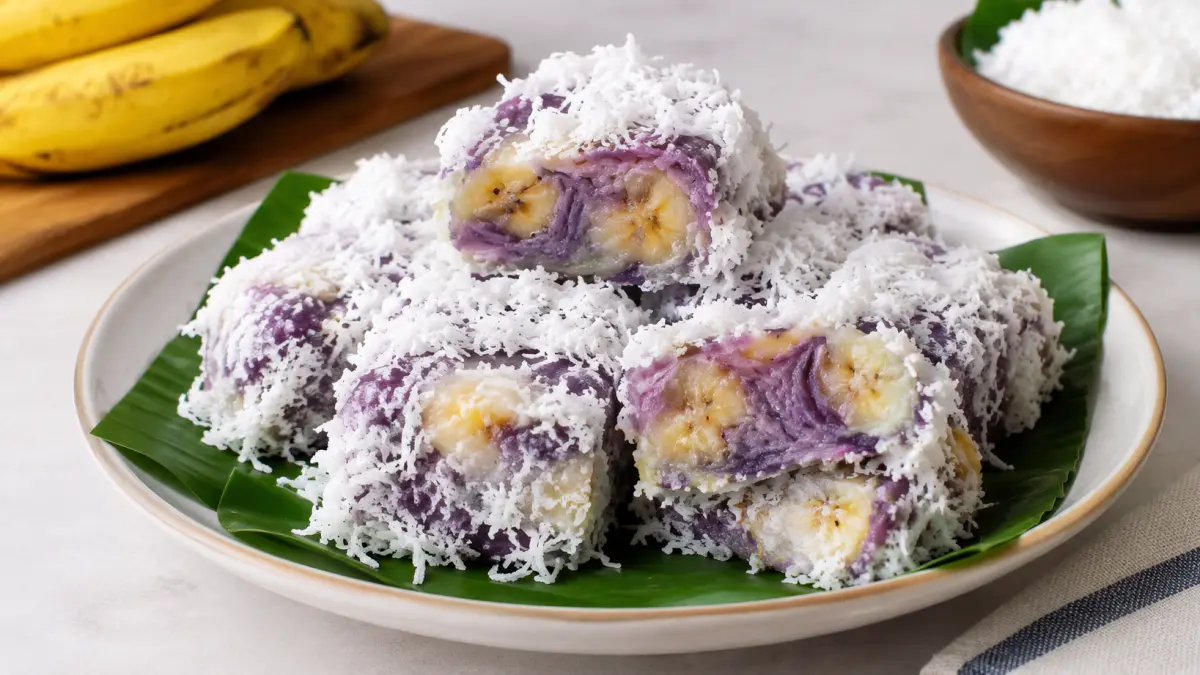 Ilustrasi kue kukus pisang dan bihun dengan baluran kelapa parut yang manis gurih dan memiliki tekstur lembut.