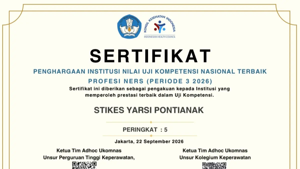 Sertifikat yang diraih STIKES YARSI Pontianak