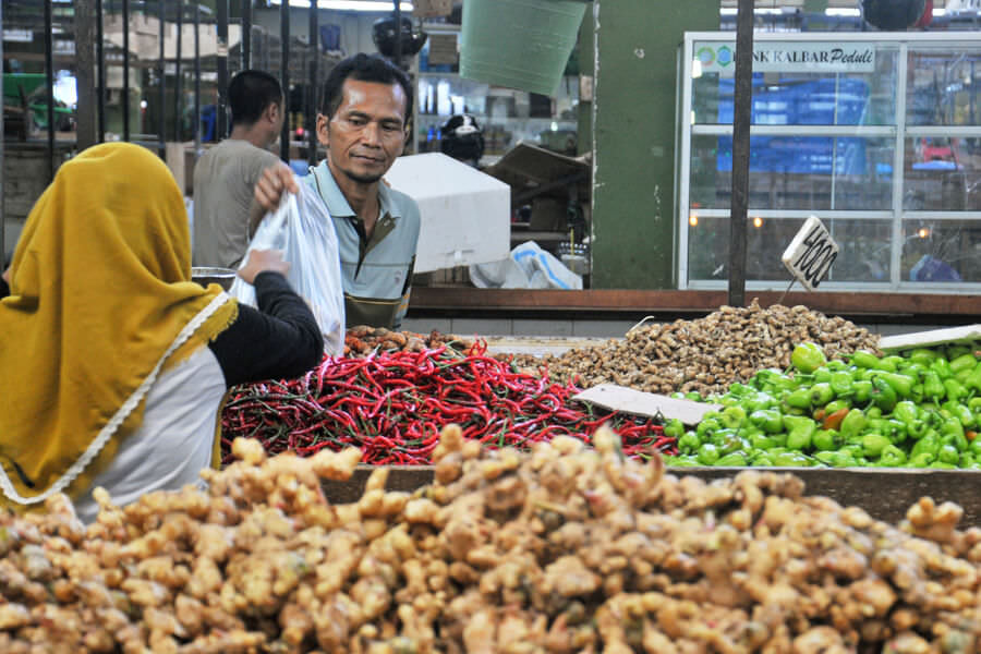 HARGA NAIK: Warga berbalanja jahe di Pasar Flamboyan,Pontianak. Harga jahe merah di pasaran menyentuh angka Rp80.000 per kilogramnya dan jahe putih Rp60.000 per Kilogram. HARYADI/PONTIANAKPOST