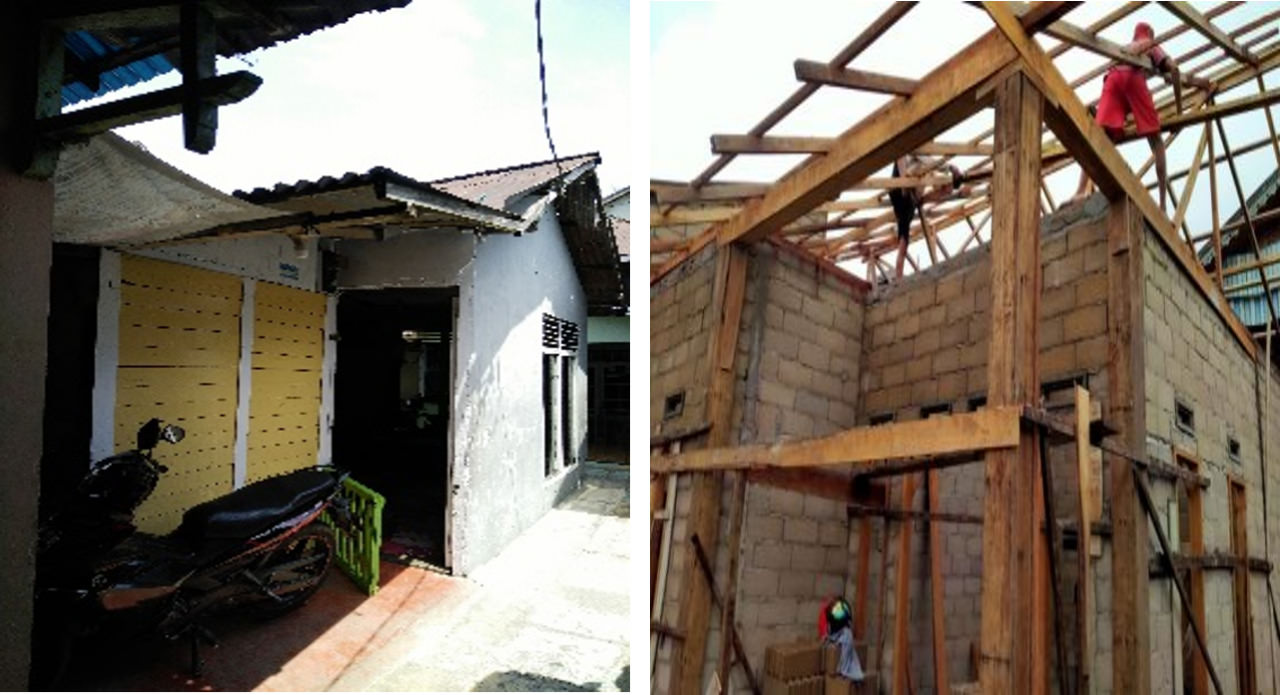 Proses pelaksanaan rehab rumah salah satu penerima bantuan Program Kolaborasi Penanganan Kawasan Kumuh di Parit Nanas, Kelurahan Siantan Hulu Kecamatan Pontianak Utara, Kota Pontianak.