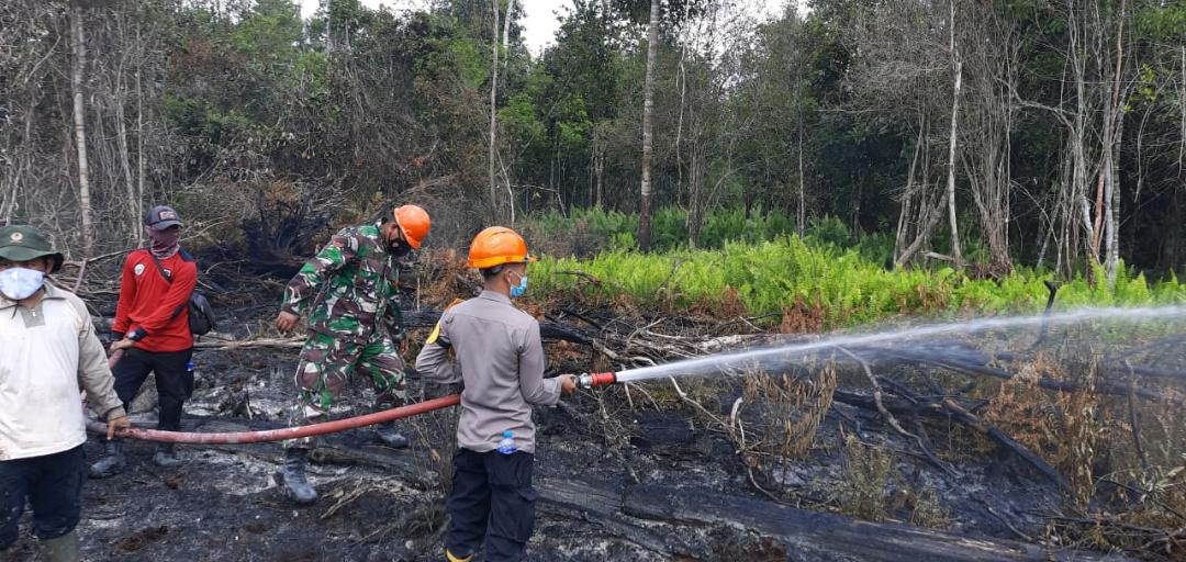 PEMADAMAN: Petugas gabungan melakukan pemadaman karhutla di Desa Lela, Kecamatan Teluk Keramat. ISTIMEWA