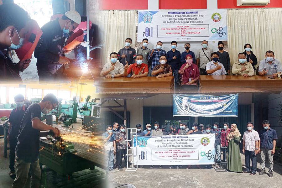 PELATIHAN: Tim PPM Jurusan Teknik Mesin Polnep bersama Dinsos Pontianak melatih masyarakat kurang mampu keterampilan pengelasan dasar menggunakan listrik. IST