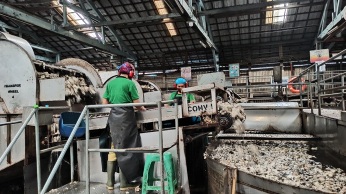 SAFETY: Para buruh wanita mengenakan masker di pabrik Karet Hok Tong, Pontianak sedang menyortir potongan karet mentah. Perlengkapan safety seperti penutup telinga wajib dikenakan mereka yang bekerja di dekat mesin. (Aristono/Pontianak Post)
