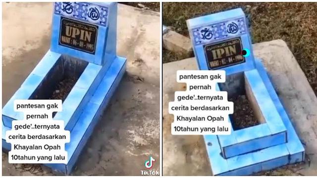 VIRAL: dua makam berukuran kecil yang bertuliskan nama Ipin, disebut meninggal dunia pada 02-04-1996. Dan pemakaman di sampingnya, Upin dinyatakan meninggal pada 06-08-1995.
