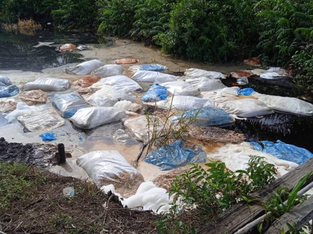 BANGKAI BABI: Karung yang berisi bangkai babi di parit pinggir Jalan Mempawah-Anjungan Dalam. (Istimewa)