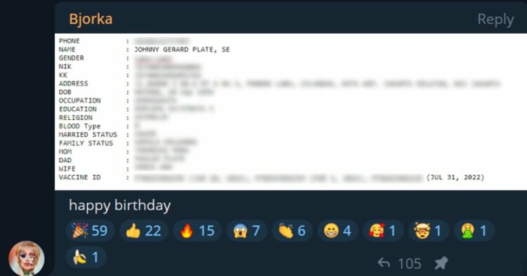 SERANGAN HACKER: Data yang dibocorkan oleh hacker yang menggunakan nama samaran Bjorka, Data tersebut, disebut-sebut adalah data pribadi dari Menkominfo Johhny G Plate (Twitter/DarkTracer)