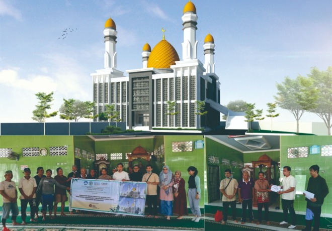 RANCANGAN: Desain Masjid Aulia(atas), peserta kegiatan (kiri bawah), serah terima hasil PPM (kanan bawah). (IST)