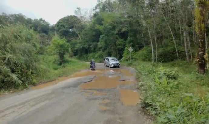 JALAN RUSAK: Potret kondisi jalan di Desa Cipta Karya, Kecamatan Sungai Betung, Kabupaten Bengkayang tampak berlubang dan tergenang air akibat hujan, beberapa waktu kebelakang. IST