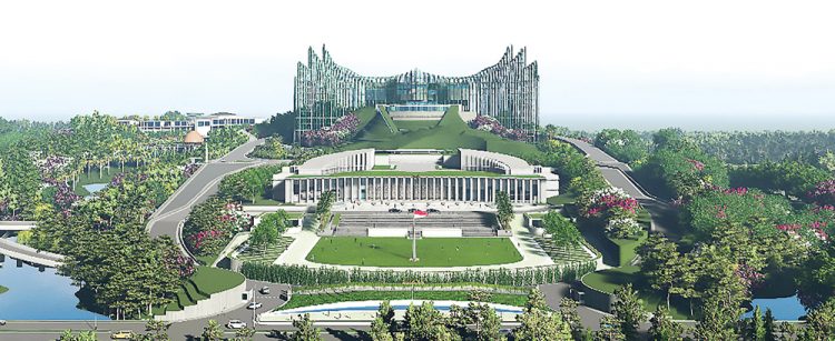 RAMAH LINGKUNGAN: Ilustrasi desain kantor istana kepresidenan yang akan dibangun di ibu kota negara (IKN) di Kalimantan Timur. Tahapan pembangunan rencana dimulai tahun ini. (NYOMAN NUARTA/AFP)