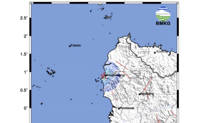 Pusat gempa yang berlokasi di laut 5 Kilometer Barat Daya Kota Singkawang. foto BMKG